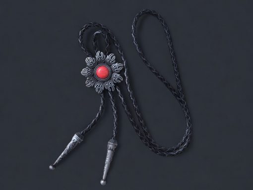 Vintage silver bolo tie with a floral design, featuring a turquoise or red stone centerpiece and a braided leather cord.