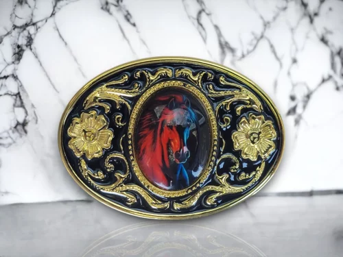 Black & Gold Western Belt Buckle With 3D Resin Layered Horse Head