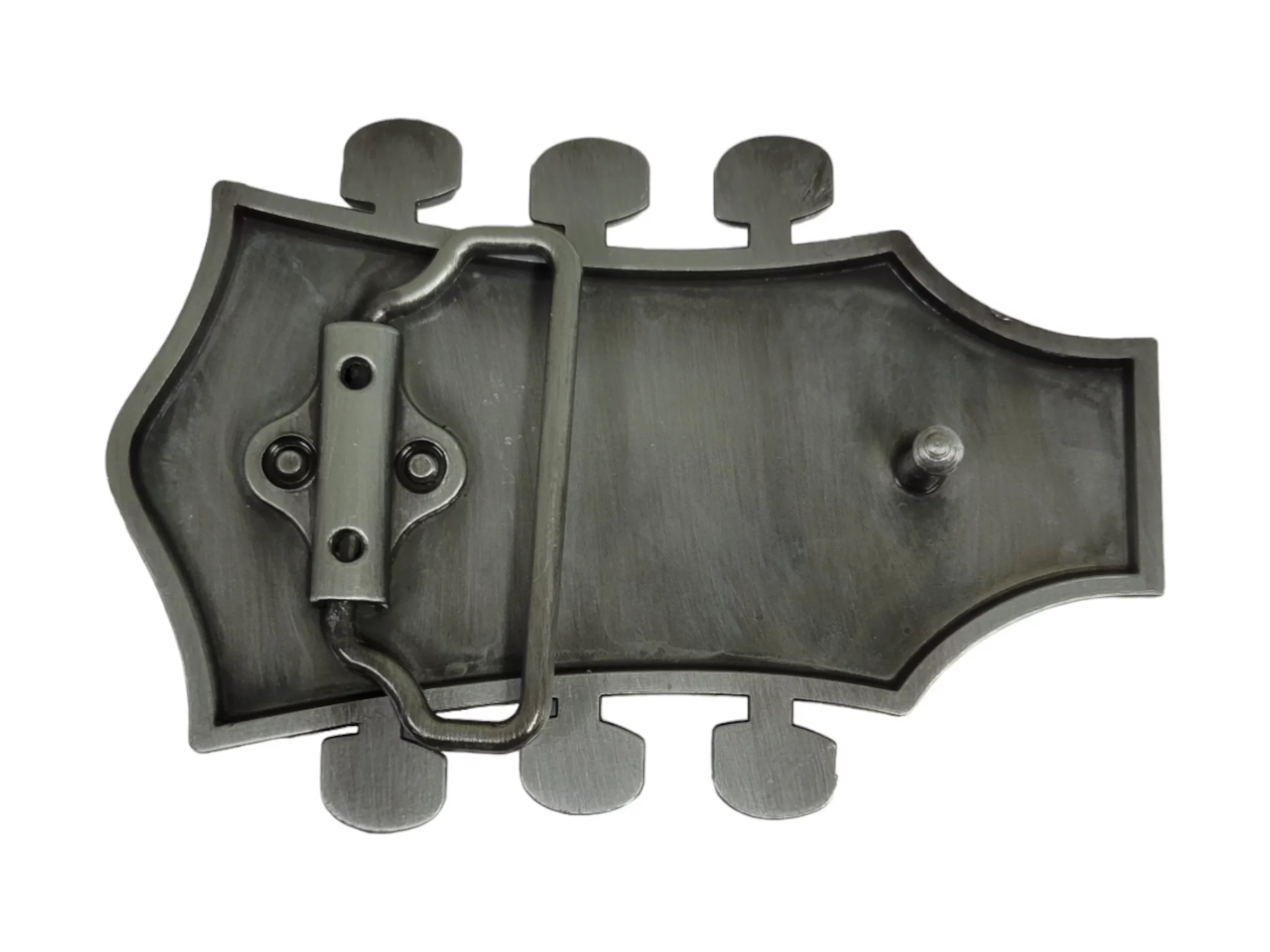 Retro-style belt buckle featuring a vintage brushed silver guitar design, perfect for music lovers and Western wear.