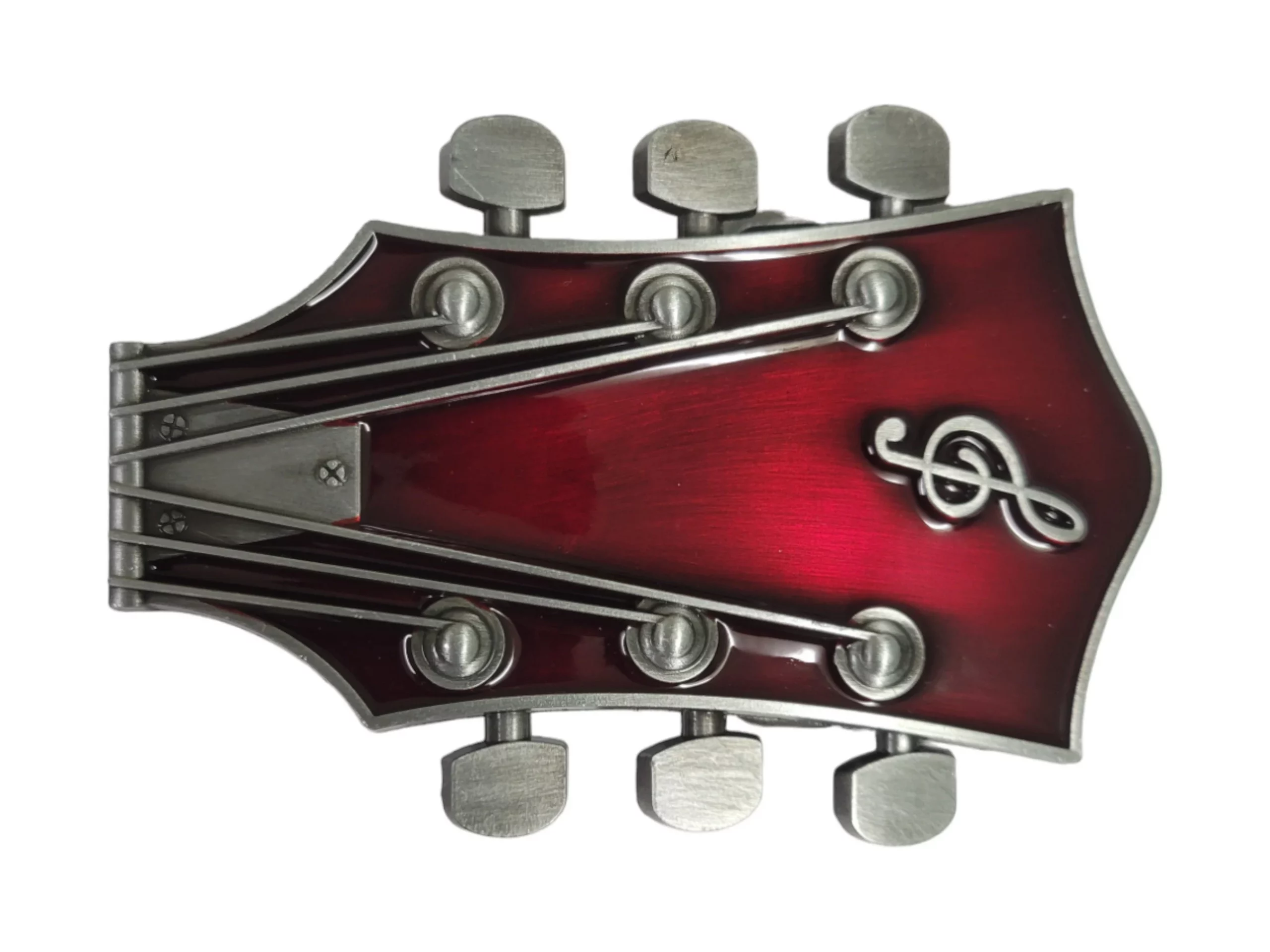 Retro-style belt buckle featuring a vintage brushed silver guitar design, perfect for music lovers and Western wear