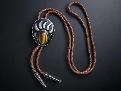 Alternative view of Western Cowboy  Tiger Eye Bear Claw Bolo Tie With Cowhide Cord