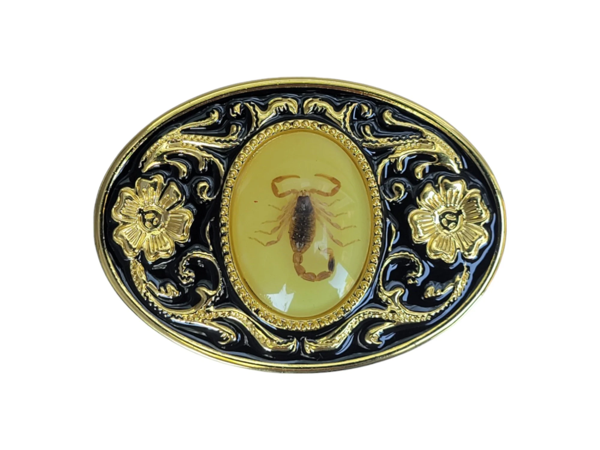 Unisex Oval Shape Black & Gold Metal Alloy Western Wear Belt Buckle With Real Scorpion (1)
