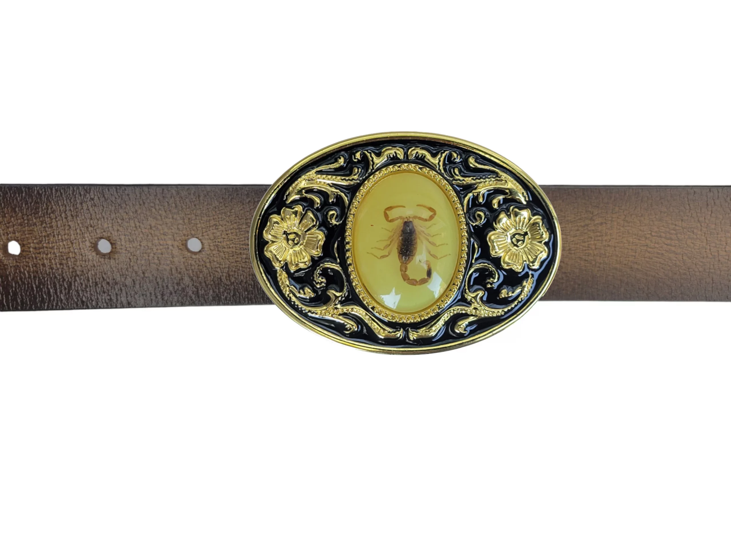 Unisex Oval Shape Black & Gold Metal Alloy Western Wear Belt Buckle With Real Scorpion (2)