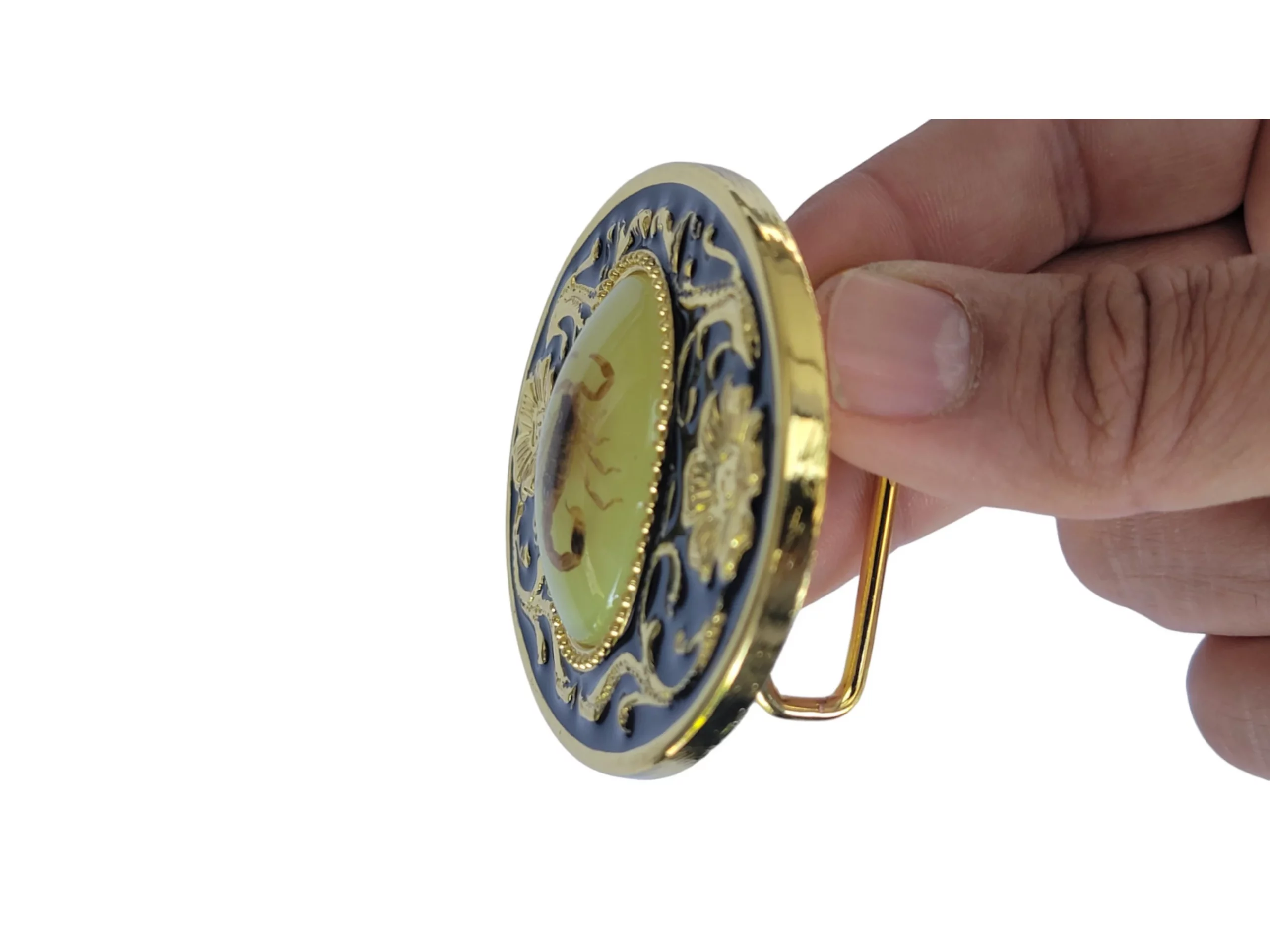 Unisex Oval Shape Black & Gold Metal Alloy Western Wear Belt Buckle With Real Scorpion (4)
