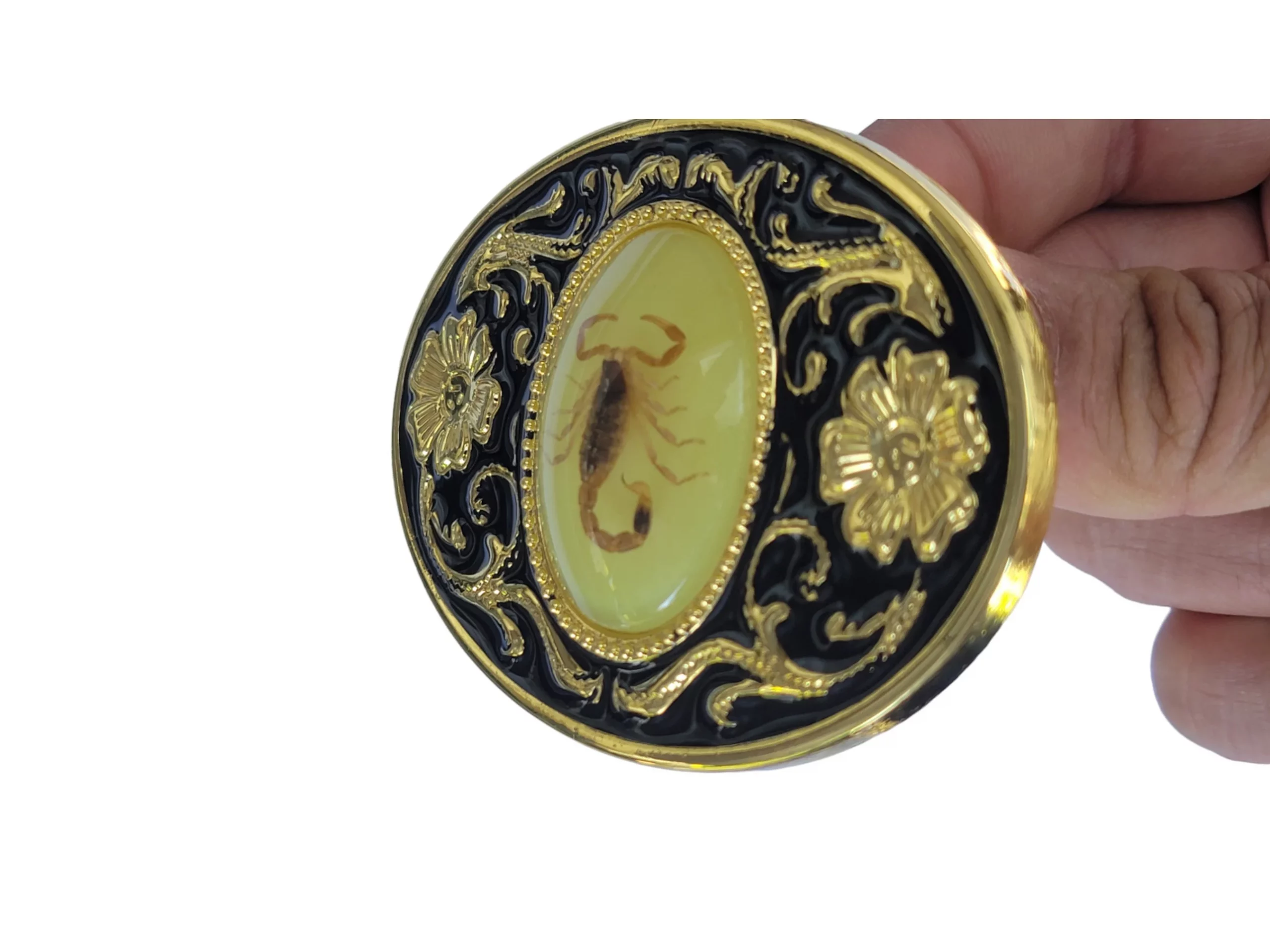 Unisex Oval Shape Black & Gold Metal Alloy Western Wear Belt Buckle With Real Scorpion (5)