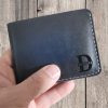 Blue Knight slim leather wallet with white stitching, 6 card compartments, and personalized engraving option
