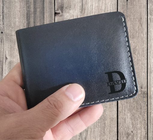 Blue Knight slim leather wallet with white stitching, 6 card compartments, and personalized engraving option