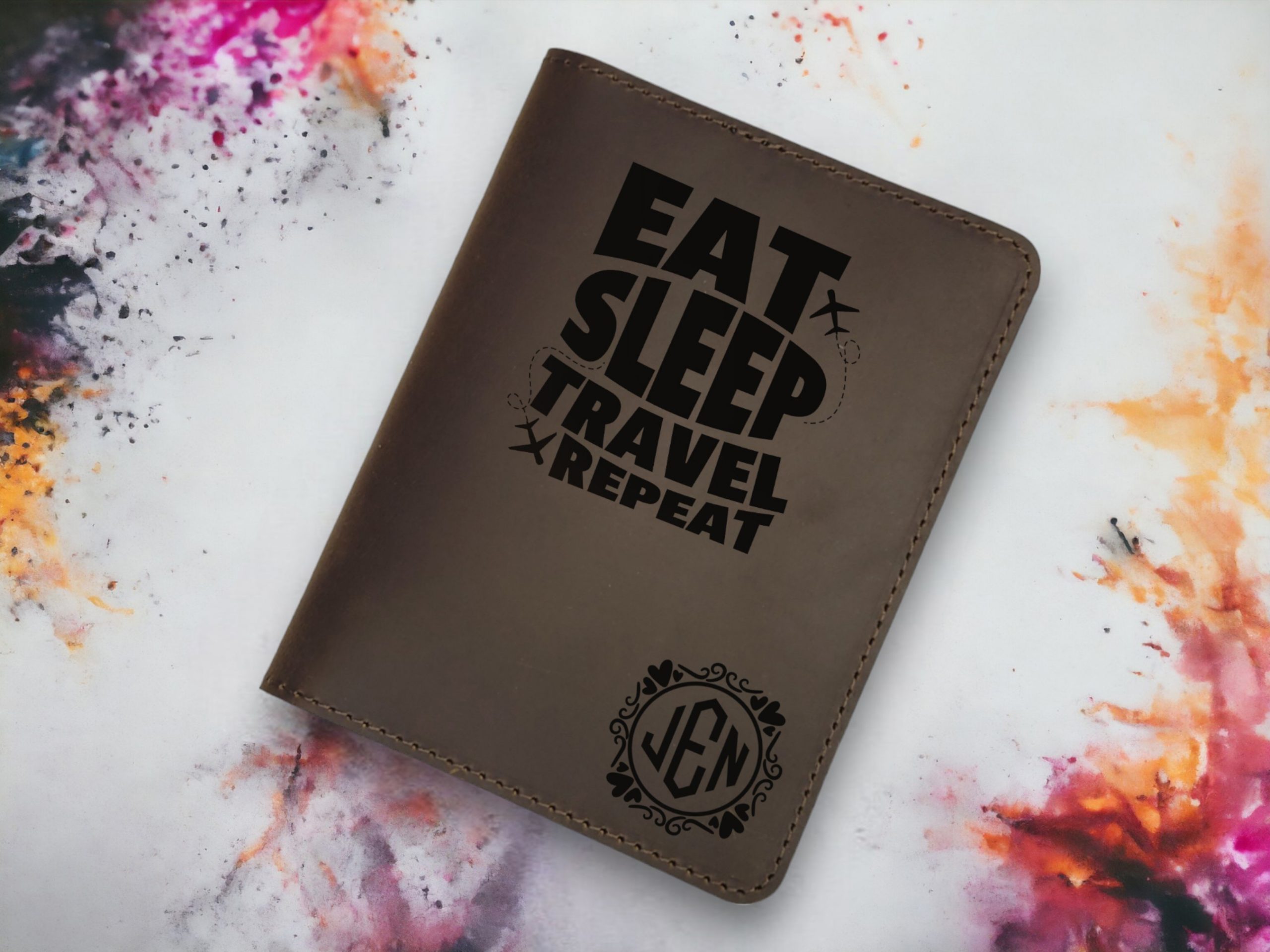 Dark brown leather passport wallet with card slots, hidden pocket & free custom engraving—durable & stylish for global travelers.