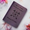 Violet leather passport wallet with card slots, hidden pocket & free custom engraving—durable & stylish for global travelers.