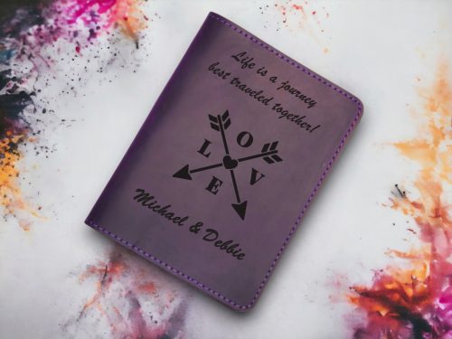 Violet leather passport wallet with card slots, hidden pocket & free custom engraving—durable & stylish for global travelers.