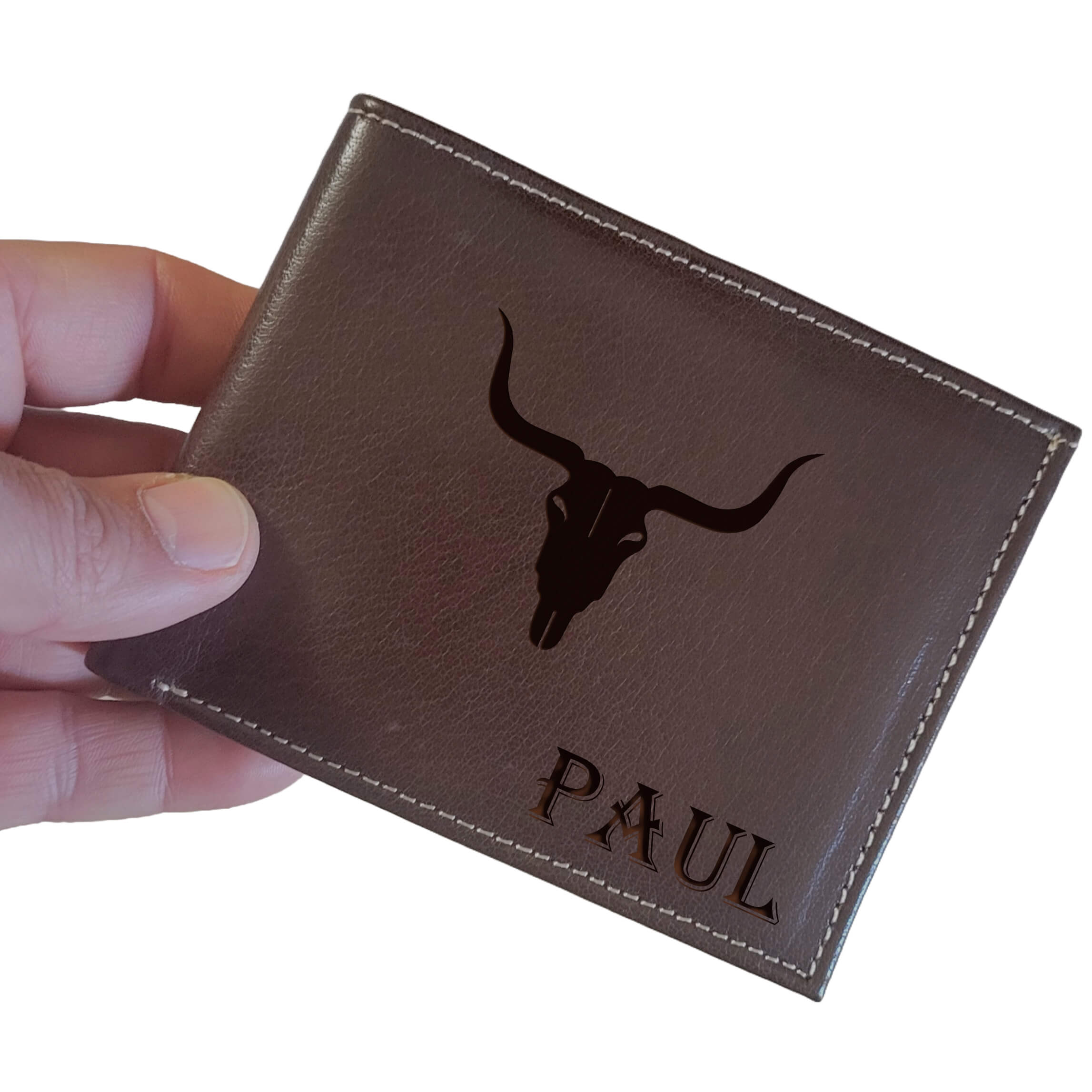 Choco brown two-tone leather wallet with white stitching and multiple compartments for cards and cash