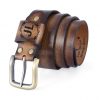 Unisex antique beige leather belt with antique gold buckle, adjustable holes, and engraving options.