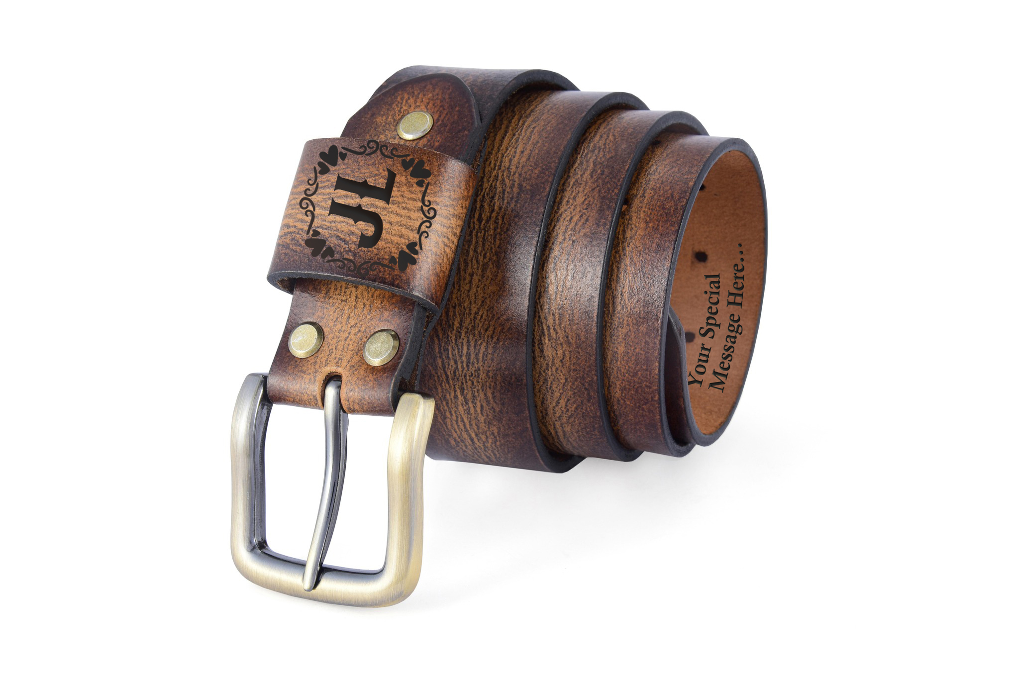 Unisex antique beige leather belt with antique gold buckle, adjustable holes, and engraving options.