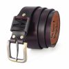Unisex antique dark maroon leather belt with an antique gold buckle, customizable with engraving.