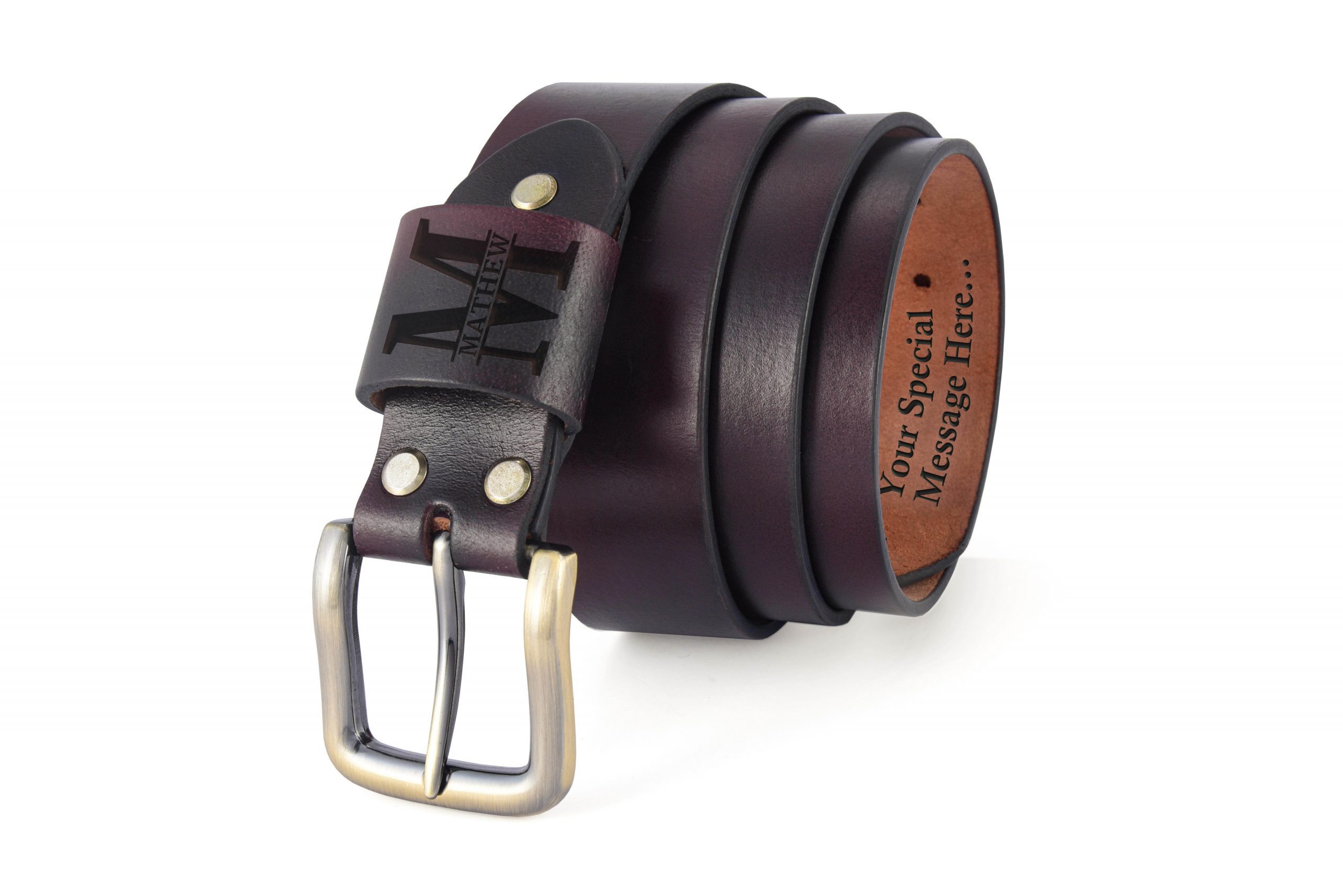 Unisex antique dark maroon leather belt with an antique gold buckle, customizable with engraving.