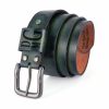 Forest green vintage leather belt with a shiny gun metal buckle, featuring engraving options for a personalized touch.