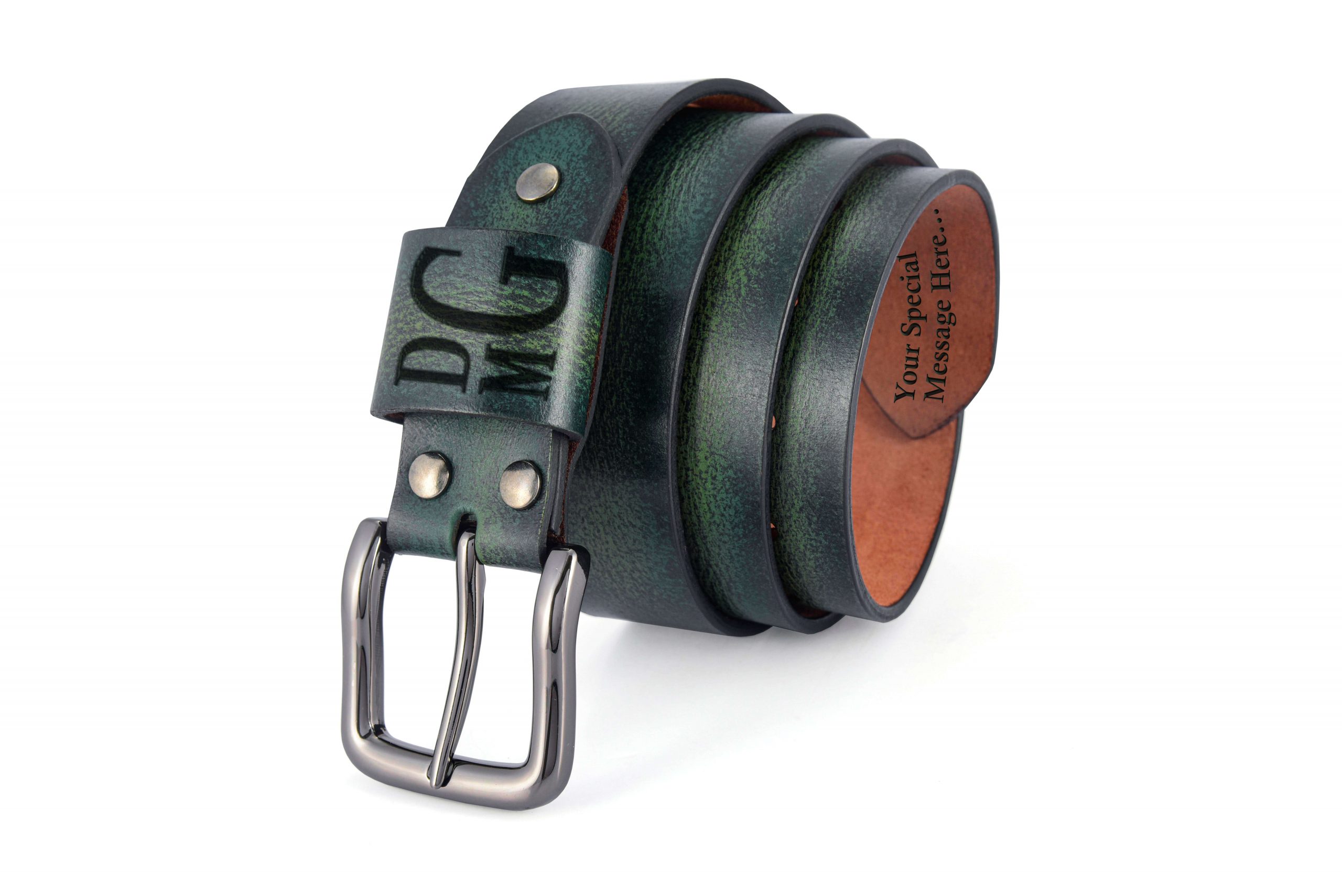 Forest green vintage leather belt with a shiny gun metal buckle, featuring engraving options for a personalized touch.
