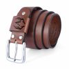 Vintage red brown leather belt with chrome buckle, adjustable holes, and engraving options.
