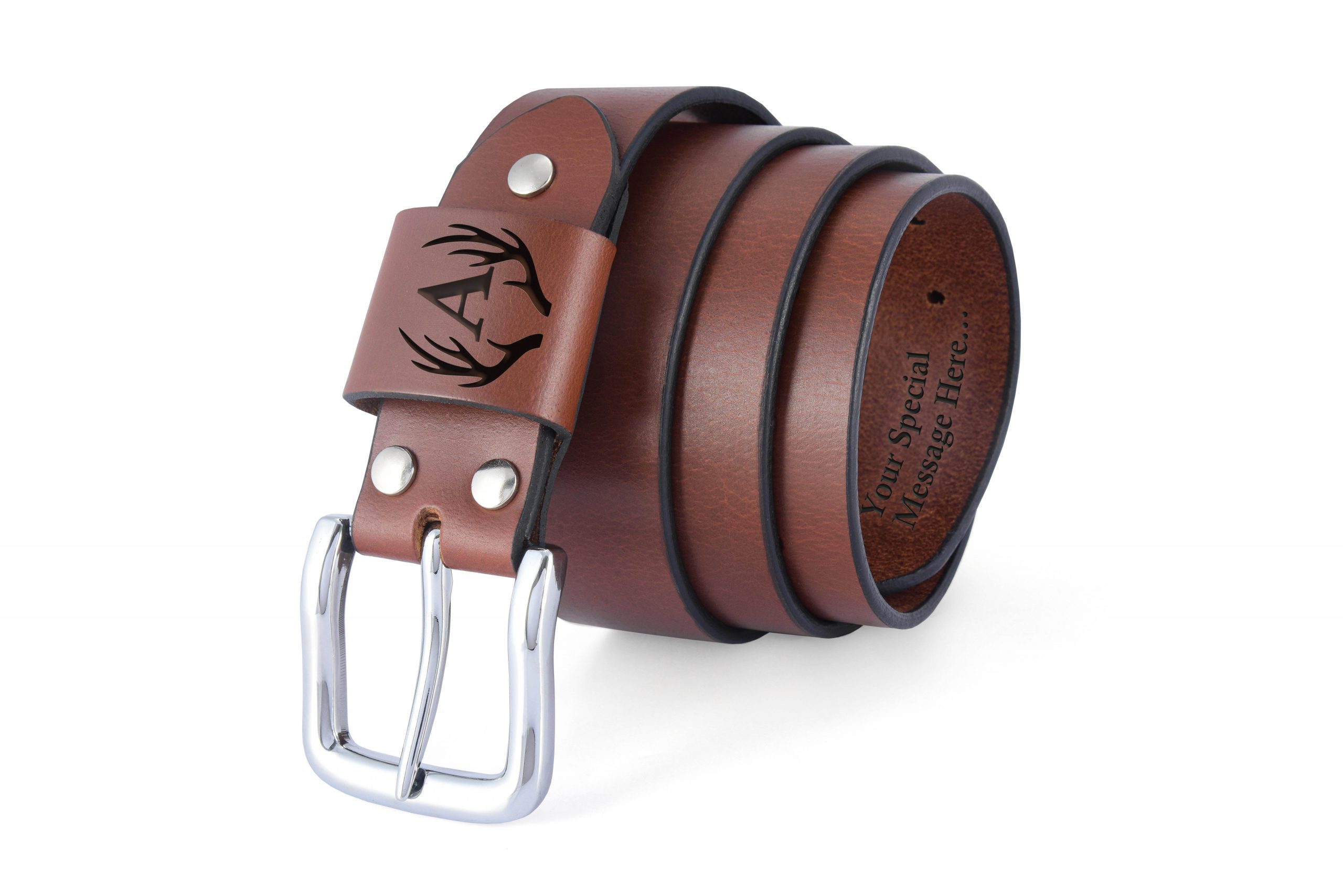 Vintage red brown leather belt with chrome buckle, adjustable holes, and engraving options.