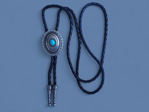 Southwestern bolo tie with large silver pendant and cabochon turquoise on braided leather cord