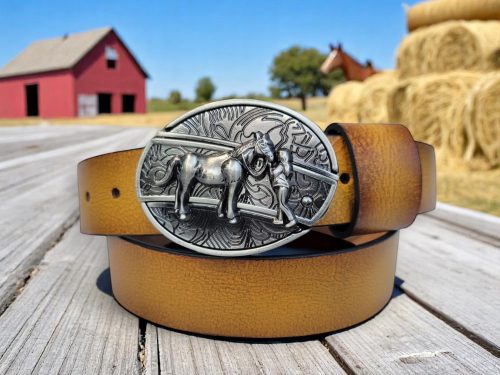 Alternative view of Cow Girl With Horse Folding Knife 3D Belt Buckle + Leather Belt Combo