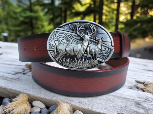 Alternative view of Two Deer Folding Knife Belt Buckle + Leather Belt Combo